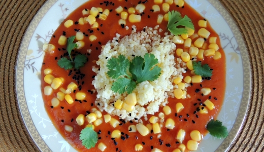 Krem pomidorowo- dyniowy z kaszą jaglaną i kukurydzą