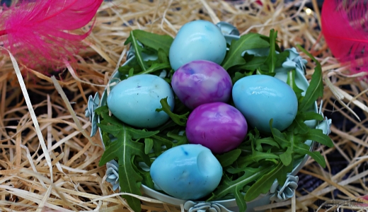 Jajka barwione czerwoną kapustą na niebiesko i fioletowo 